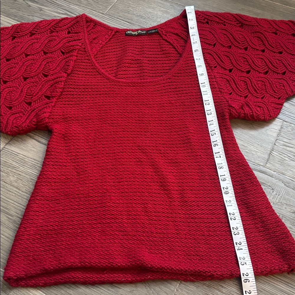 Guess | Red Knit Crochet Scoop Neck Sweater with Flutter Sleeves Y2K Medium - Picture 7 of 10